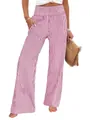 Fashionable high-waisted wide-leg trousers featuring vertical stripes and smocked waist detail - S / Bottoms / Blue
