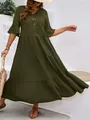 Full length view of a plus size olive green tiered dress featuring V-neck and ruffled sleeves - 1XL / Army Green