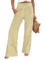 Yellow and white vertical striped wide-leg trousers with smocked high waistband detail. - S / Bottoms / Tan