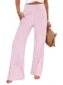 Detail of pink and white striped high-waist wide-leg trousers with smocked waist - S / Bottoms / Pink