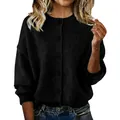 Detailed view of the soft knit texture on this women's black button-down cardigan sweater - Black