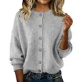 Close-up detail of a women's casual grey knit cardigan featuring a button-down front - Gray