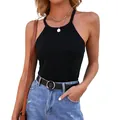 Minimalist black halter neck tank top for women, perfect for a slim fit summer style - Black