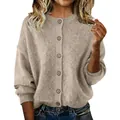 Cozy beige knitted button-up cardigan for women with round neck and drop shoulders - Apricot