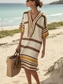 Relaxed fit V-neck dress with horizontal stripes in a summer beach setting - S / Top And Bottom / Khaki