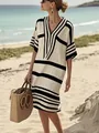 Elegant black and white striped V-neck summer dress styled on a beautiful tropical beach - S / Top And Bottom / Apricot