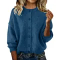 Detail view of a blue knitted button-down cardigan sweater for women in autumn style - Navy Blue