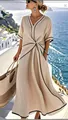 Elegant beige cotton linen V-neck maxi dress with black piping and twisted front detail - S / Dresses / Apricot