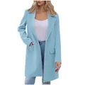 Detail view of a light blue mid-length lapel coat with single button and pockets - Light Blue