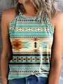 Stylish women's halter neck tank top with a southwestern turquoise geometric pattern - Cyan