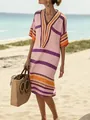 Robe de plage rayée rose à col en V avec coupe ample et manches courtes d'été - Rose