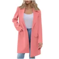 Elegant pink mid-length women's lapel coat with single button and side pockets detail - S / Tops / Pink