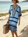 Robe d'été élégante à rayures bleues avec col en V et manches courtes pour la plage - Bleu