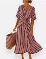 Elegant V-neck pink and blue striped cotton linen dress with irregular flowing hemline - S / Dresses / Pink Blue Stripe