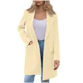 Elegant pale yellow mid-length women's blazer coat with lapel and single button detail - Apricot