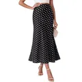 Elegant high-waisted black and white polka dot midi skirt shown in detail view - L / Bottoms / Black with White Polka Dots