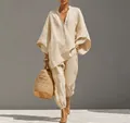 Casual beige two-piece linen set with batwing sleeves and V-neck for vacation - S / Top And Bottom / Apricot