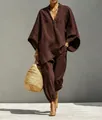 Elegant dark brown loose linen-style two-piece set with batwing sleeves and V-neckline - S / Top And Bottom / Coffee