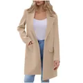 Elegant women's beige mid-length coat featuring classic lapels and long sleeves for winter - Khaki