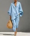 Loose light blue two-piece linen suit featuring batwing sleeves and a stylish V-neck design - S / Top And Bottom / Sky Blue