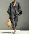 Casual 2-piece set with batwing sleeve V-neck top and tapered pants in charcoal grey - S / Top And Bottom / Dark Gray