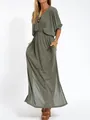 Elegant olive green French maxi dress featuring a V-neck and stylish high waist silhouette - S / Bottoms / Army Green