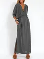 Elegant grey V-neck maxi dress with high waist and side slit detail for women - S / Bottoms / Gray