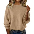 Close-up of soft khaki oversized knit sweater texture and crew neckline details. - Khaki