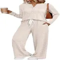 Two-piece ribbed knit loungewear set with V-neck button top and wide-leg pants oatmeal - S / Top And Bottom / Apricot