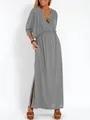 Gray casual V-neck high-waist loose maxi dress featuring side slits and elastic waist - S / Bottoms / Light Gray