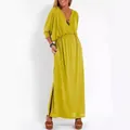 Abito lungo elegante giallo senape con scollo a V, vita alta e spacco laterale alla moda - Giallo