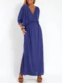 Elegante abito lungo blu stile francese con scollo a V, vita alta e spacchi laterali - Blu scuro