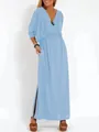 Elegante abito lungo stile francese con scollo a V, vita alta e spacchi laterali, blu chiaro - Celeste