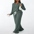 Women's sage green ribbed lounge set with V-neck button top and wide-leg trousers - S / Top And Bottom / Green