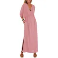 Abito lungo rosa con scollo a V, vita alta e dettaglio dello spacco laterale - Rosa