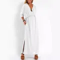 Detail view of a stylish white V-neck maxi dress featuring side split and waist tie design - S / Bottoms / White