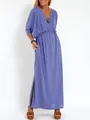 Elegante abito lungo blu con scollo a V, vita alta e vestibilità ampia in stile francese - Viola chiaro
