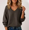Stylish and soft loose V-neck casual long sleeve knitted sweater for women in dark gray - S / Tops / Brown