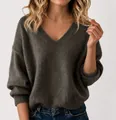 Modischer und weicher, lockerer V-Ausschnitt Freizeit-Langarm-Strickpullover für Damen - S / Oberteile / Braun