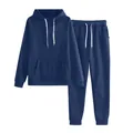 Detail view of navy blue hooded sweatshirt and matching drawstring jogger pants - Navy Blue
