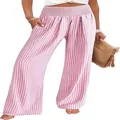 Women's pink and white gingham high-waisted wide-leg pants with elastic smocked waist - Pink Gingham