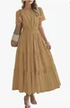 Detail view of khaki v-neck tiered maxi dress with smocked waist and puff sleeves - Khaki