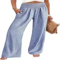 Blue and white gingham wide-leg palazzo pants with high waist smocked elastic - Blue Plaid