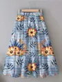 Detail view of a bohemian floral print high waist midi skirt with elastic waist - S / Bottoms / Blue