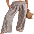 Casual high waisted wide leg pants with brown gingham checkered pattern for women - Brown Grid