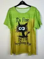 Detail of round neck T-shirt with gradient green-yellow fabric and quirky cat print - 1XL / Tops / Orange Red