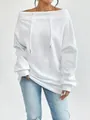 Detailed view of white loose-fit off-shoulder hoodie with functional drawstrings - S / Tops / White