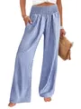 Pantalon large à carreaux vichy bleu et blanc pour femme avec taille élastique en lin - Bleu à Carreaux