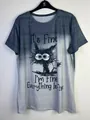 Detail view of a loose-fit gradient T-shirt featuring a funny cat graphic and text - 1XL / Tops / Gray