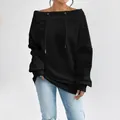 Sexy black off-shoulder loose sweatshirt with drawstring for a chic casual women's look - S / Tops / Black